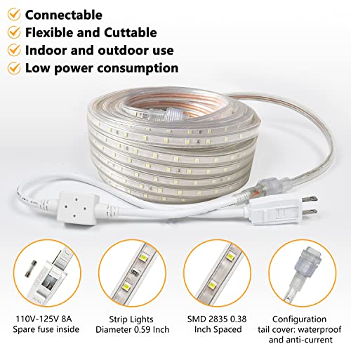 Ybmin Led Rope Light Outdoor Waterproof - 110V White 50Ft Bright Cutable Lighting - Connectable Flexible Plug Clear Flat Lamp Tube - Indoor Garden Deck Patio Christmas Camping Holiday Decor Halloween #TOP3