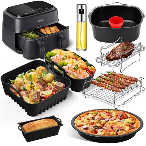 Airfryer Zubehör für Philips Airfryer Dual Basket 3000 Series 5000 Series NA350/NA352/NA353 9L 2 Körbe Silikonform Heißluftfritteuse Zubehör mit Grillrost Pizzablech Brotbackform Ölspray usw