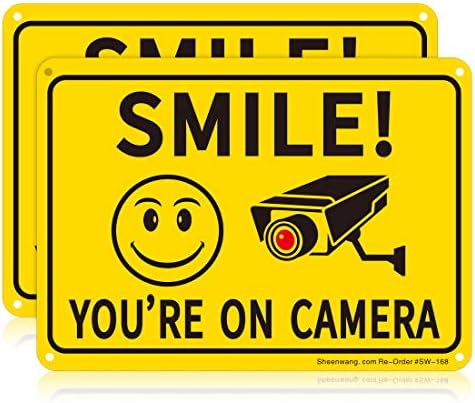 Sheenwang 2-Pack Smile You’re on Camera Sign, Video Surveillance Signs Outdoor, UV Printed .040 Mil Rust Free Aluminum 10 x 7 in, Security Camera Sign for Home, Business, Driveway Alert, CCTV