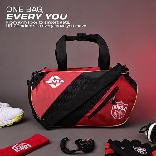 Image of Nivia X Punjab Kings Hit 2.0 Duffle Bag 22L - Ventilated Shoe Compartment, Quick-Access Pockets, Trolley Sleeve for Gym, Training & Travel