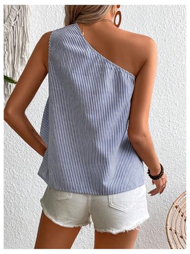 OYOANGLE Women's Striped Ruffle Trim One Shoulder Tank Top Sleeveless Tunic Blouse2