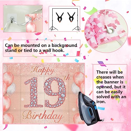 Image of Happy 19th Birthday Rose Gold Banner Cheers to 19 Years Old Backdrop Confetti Balloons Theme Decor for Girls Women 19 Years Old Pink Birthday Party Decorations Bday Supplies Background Gift Glitter