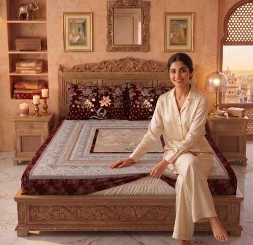 Image of VAS COLLECTIONS 240 TC Cotton King Size Fitted Bedsheet, Premium Soft Breathable Stretchable Mattress Sheet, Skin Friendly Durable Printed Bed Cover for Double Bed, 72 x 78 + 10 Inches - Deep Chestnut