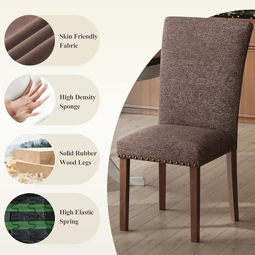 Image of COLAMY Upholstered Parsons Dining Chairs Set of 4, Fabric Dining Room Kitchen Side Chair with Nailhead Trim and Wood Legs - Brown