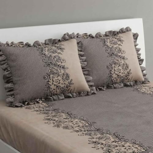 Image of 380 TC Premium Glace Cotton Elastic Fitted Bedsheet King Size with 2 Pillow Covers King Size | Double Bed with All Around Elastic (Coffee Frill, Fitted Queen-60x78)