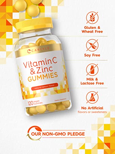 Carlyle Vitamin C And Zinc Gummies | 120 Count | Vegan, Non-Gmo, And Gluten Free Supplement | Natural Lemon Flavor #TOP3