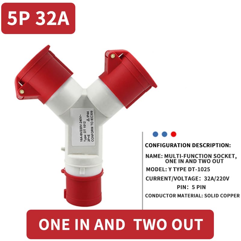 Industrial Y-Plug Socket: Waterproof 3-Way Branch Connector for 3 4 5 Pin 16A 32A Wiring with 220V 380V Three-Phase Electricity(5p32a 1-2)