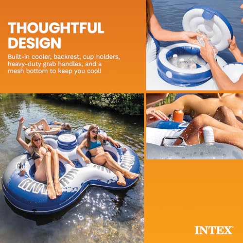 Image of INTEX 58837EP River Run 2 Inflatable Floating Lounge: Comfortable Backrests - Built-in Cup Holders - Cooler with Lid - 2 Person - 440lb Weight Capacity