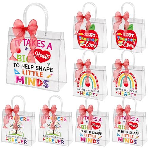 H1vojoxo Teacher Appreciation Gift Bags - 24PCS Teacher Gift Bags Bulk with Red DIY Ribbon 7.87x3.2x7.87Inch Teachers Clear PVC Gifts Bag with Handle Reusable PVC Thank You Gifts Wrap Bag for Teachers