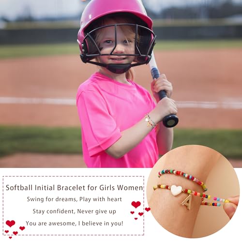 2PCS Colorful Softball Initial Bracelet for Women Girls, A-Z Gold Layered Beaded Stretch Bracelets Softball Mom Letter Stackable Jewelry ldeas Gifts2