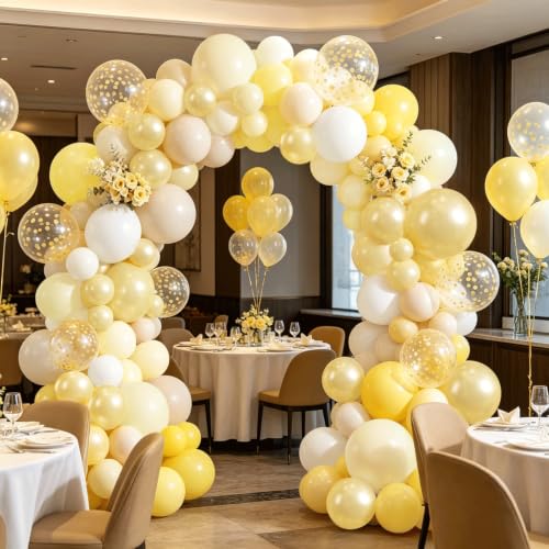 Image of Yellow and White Balloons Arch Kit Double Stuffed,Party Decor. | Light Pastel Pearl Yellow White Sand Confetti Balloons Latex, for Baby Shower Birthday Wedding Lemon Summer Decoration.