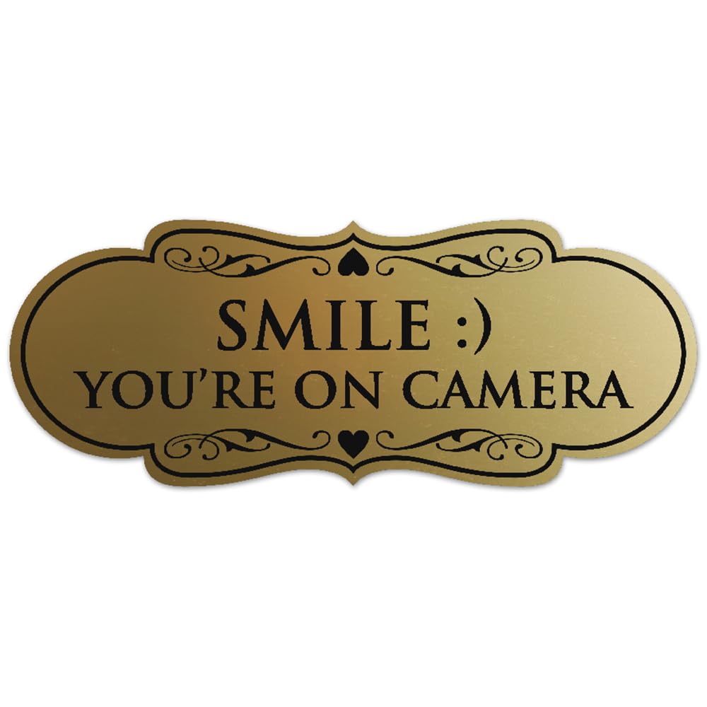 Signs ByLITA Designer Smile You're on Camera Panneau mural ou de porte durable Doré brossé Installation facile Taille L