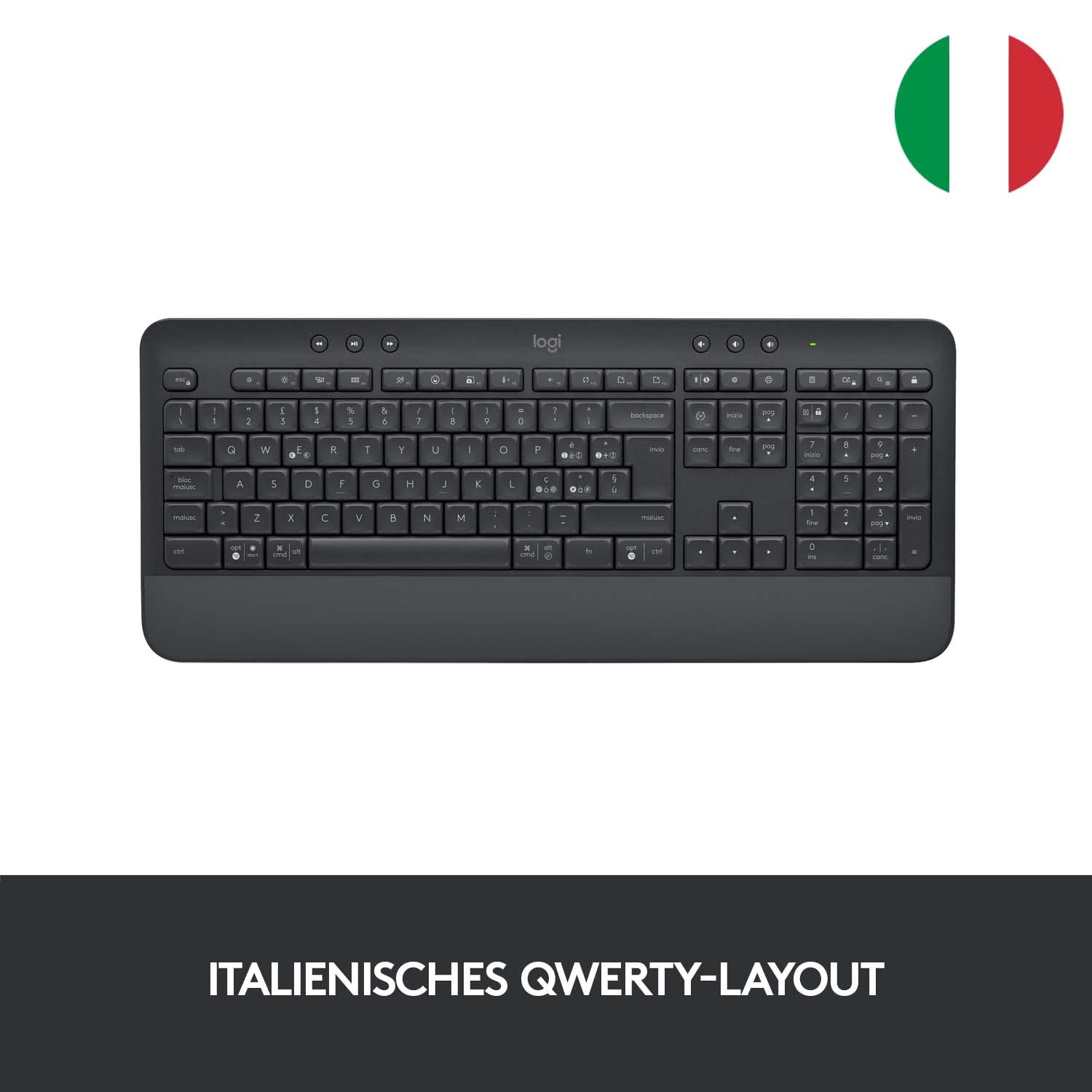 Logitech Signature K650 Comfort kabellose Tastatur mit Handballenauflage | BLE Bluetooth/Logi Bolt USB-Empfänger, Soft-Touch-Tastatur, Numpad, PC/Windows/Mac, Italienisches QWERTY - Grau
