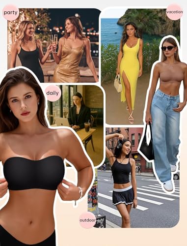 Image of Vertvie Push Up Strapless Bra for Women Non-Slip Wireless Bandeau Bras Padded Tube Top Supportive Bralette(Black,Large,Plain Jersey)