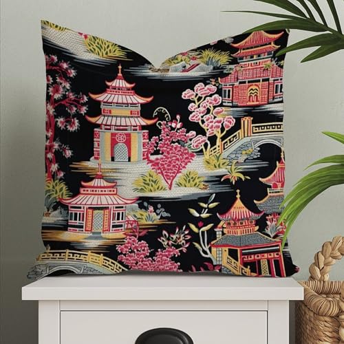 Outdoor Waterproof Pillow Cases Chinoiserie Charcoal Coral...