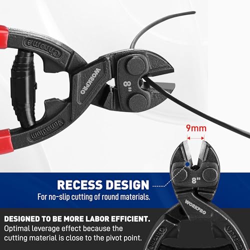 Image of WORKPRO 8-inch Mini Bolt Cutter with Recess and Spring | Compact Bolt Cutters, Cr-V Steel, Gripping Jaws, Security Lock, Comfortable Grip, for Wire, Cables, Chains, Small Screws