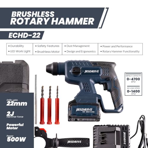 Image of Eastman Cordless Brushless Rotary Hammer 500W with Lithium Battery, 22mm chuck, 1400RPM No Load Speed, 4700BPM impact Energy Comfort Grip and Free Socket Drilling Machine (ECHD-22)