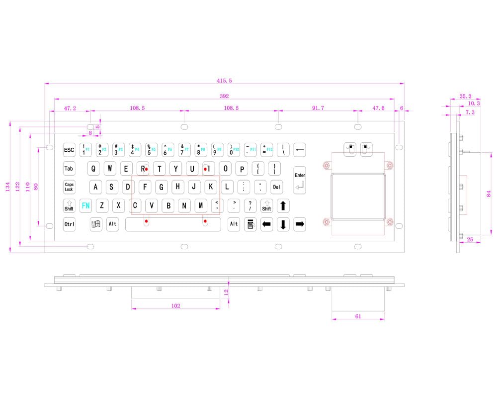 Teclado negro resistente al agua de acero inoxidable de grado industrial con panel táctil integrado for fresado CNC y quioscos de autoservicio(PS2 Interface)