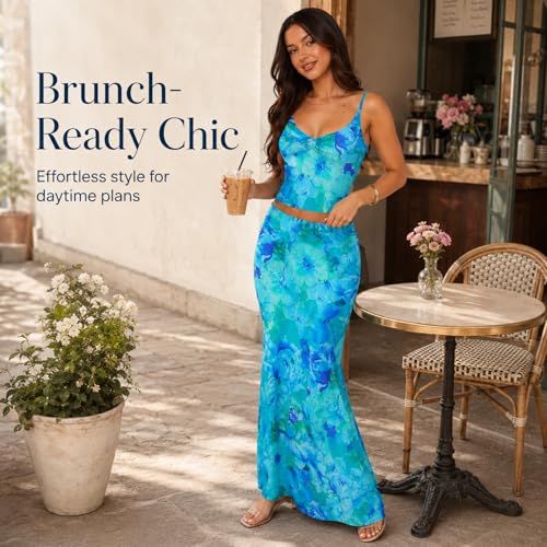 Image of Two Piece Skirt Set for Women - Sexy Sleeveless Spaghetti Strap Pleated Tank Top Maxi Long Skirts Sets