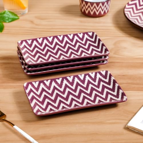Image of Nestasia Set of 4 Ceramic Serving Platters (7 Inch Each) - Elegant Rectangular Serving Trays with Glossy Finish | Ideal for Sushi, Snacks, Starters & Gifting (Purple & White Zig Zag Pattern)
