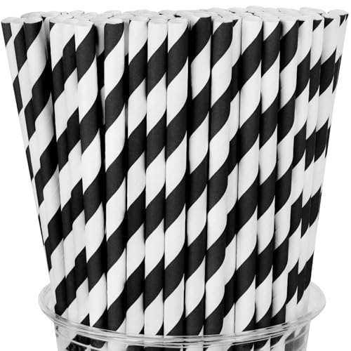 100 Packs Black Biodegradable Striped Paper Straws Disposable Drinking Straws for Birthday Carnival Summer Pool Party Wedding Baby Shower Halloween Christmas Party Decoration Supplies