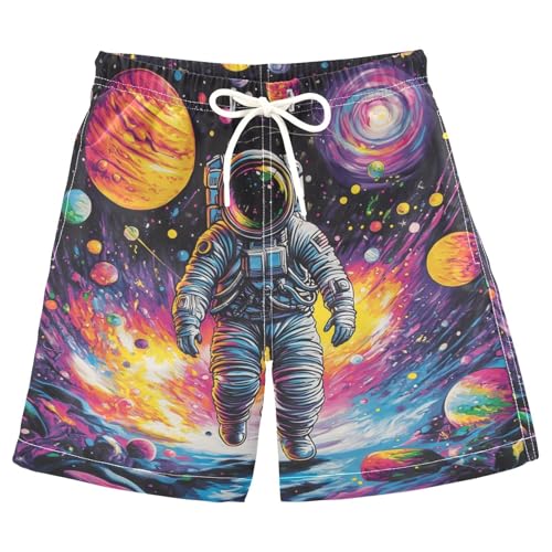 DOMIKING Astronaut Planet Black Boys' Pull On Swim Trunks Quick Dry Boardshorts with Mesh Lining for Kids Boys M