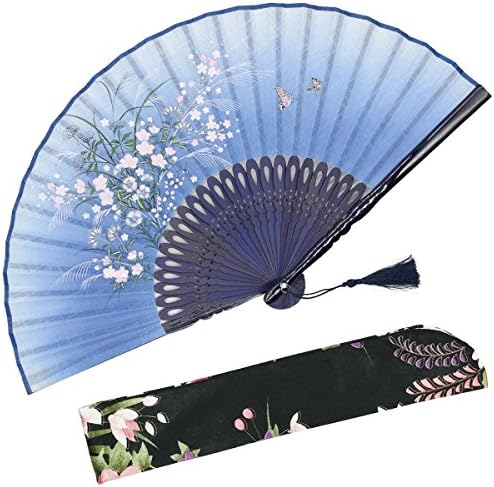 OMyTea "Grassflower" Folding Hand Held Fan for Women - Chinese / Japanese Vintage Retro Style - With a Fabric Sleeve for Protection (Black)