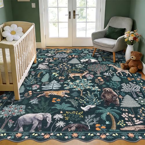 U'Artlines Jungle Animal Print Kids Area Rug 6x9 ft Dark Green — view 5