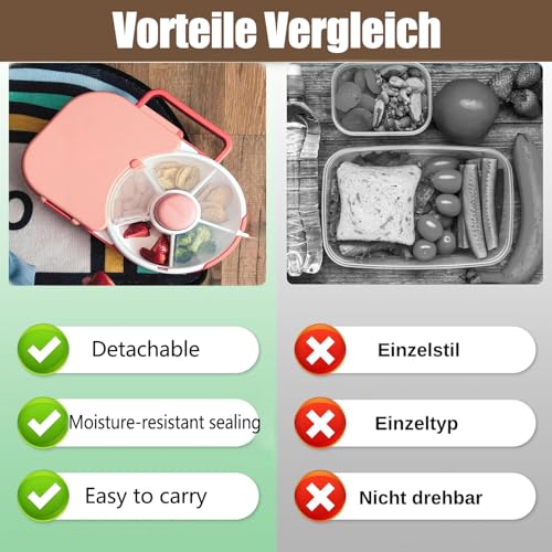 Boîte à goûter portable, boîte à déjeuner rotative avec 5 petits et 1 grand compartiments, dragonne réutilisable pour les collations et la préparation des repas en déplacement