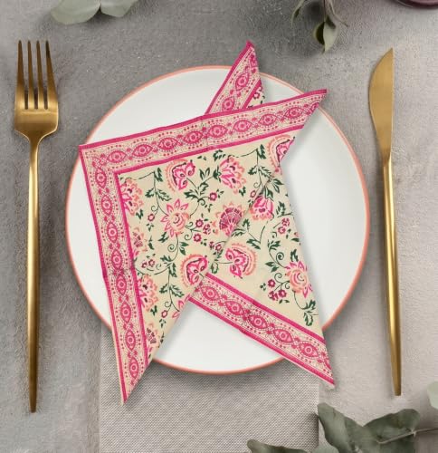 Image of BLOCKS OF INDIA Hand Block Print Cotton Table Napkin Set of 6 (Pink JAAL)