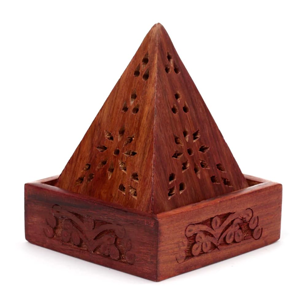 Puckator Sheesham Wood Pyramid Incense Cone Box with Flower Fretwork - Spiritual Zen Gothic Incensé Insence Sticks Cones Holder Burner - Home Aesthetic Yoga Room Decor Accessories Gift