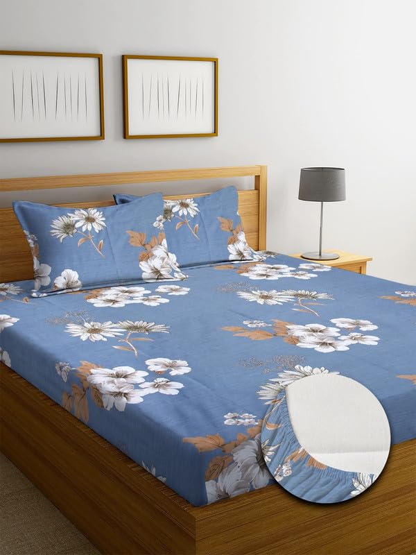 Image of NHD HOME Premium Cotton Elastic Fitted Bedsheets with 2 King Size Pillow Covers | Double Bed with All Around Elastic 220 TC Supersoft |Size-72 King Sizex78+10 inches | Floral, Light Grey White