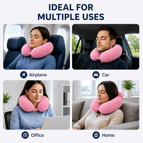Image of Restify Premium Memory Foam Travel Neck Pillow with Eye Mask | Soft Velvet U Shape Neck Support Cushion for Flight, Airplane, Car & Office Travel | Portable Pillow for Men & Women | Pink