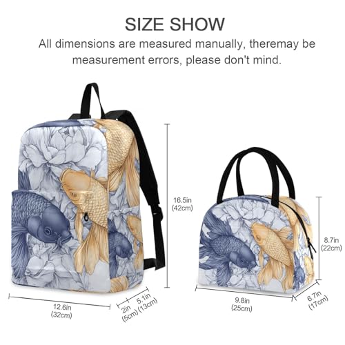 Backpack Lunch Box Set Large Capacity Travel Backpacks and Insulated Lunch Bag for Commute Hiking Picnic Blue Gold Fish Print2