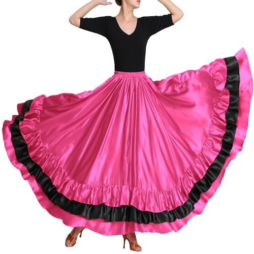Women Black Red Layers Satin Long Skirt for Spanish Flamenco Belly Dance Mexico Ballet Folklorico Performance