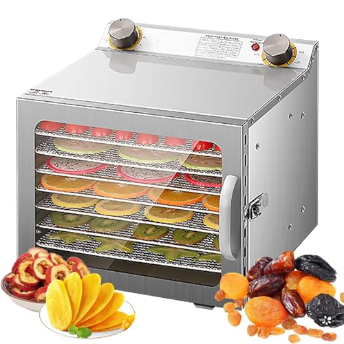 Deshidratador de Alimentos de Acero Inoxidable, 800W, para el Hogar, Temporizador Ajustable de 0-12 h, Control de Temperatura de 35-90 °C, Aire Caliente Circulante de 360°, para Frutas, Verduras