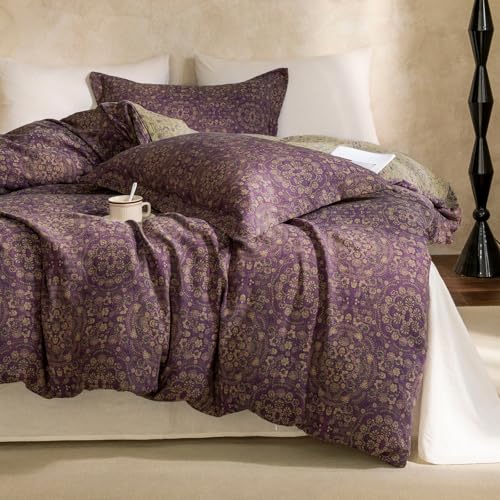 VM VOUGEMARKET Full Duvet Cover Set Purple Green Floral Pattern,3 Pieces Reversible Boho Medallion Jacquard Flower Bedding Set,Linen Cotton Yarn-Dyed Textured Duvet Cover with Zipper Closure