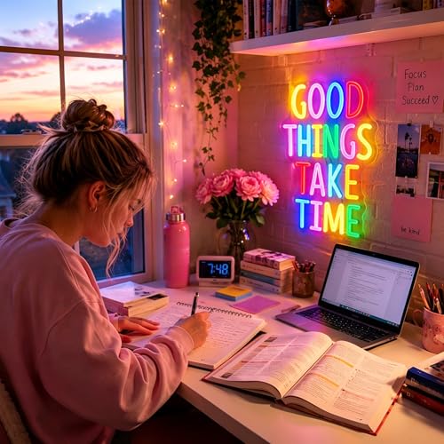 Image of Neon Sign, Good Tings Take Time Neon Signs for Wall Decor - Dimmable Motivational LED Signs for Bedroom, Living room, Offices, Home Decor - USB Powered Light Up Sign Decorations Gift