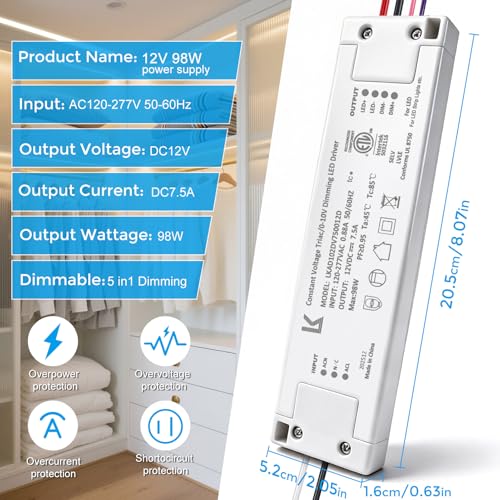Image of 12V 100W Dimmable LED Driver, 5-in-1 Constant Voltage Triac /ELV /MLV /0-10V /1-10V /PWM /V-R Dimming AC to DC Power Supply, ETL Listed LED Transformer, Compatible with Leviton Dimmer