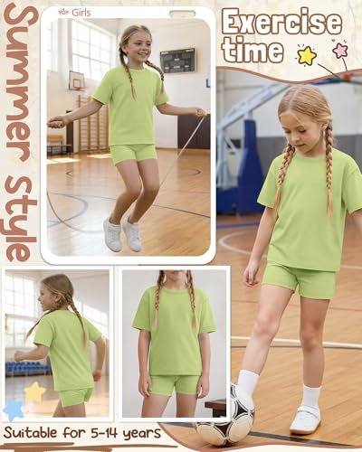 Image of Oakgarden Summer Outfits for Girls 5-14Y Athletic Casual Sets Kid Short Sleeve Shirt Bike Shorts 2 Piece Tween Trendy Clothes