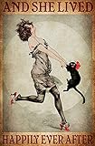 LINQWkk Metal Tin Retro Sign-And She Lived Happily Ever After Metal Poster Black Cat Print Dance with Cat Metal PosterWall Decoration Vintage Aluminum Sign for Home and Bar Wall Art Decor 8x12 Inch