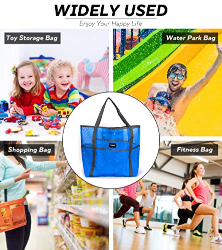 Mesh Beach Bag Tote Bag Grocery Storage Bag Oversized Big XL with Pockets Big Large Foldable Lightweight for Family Pool Blue Color