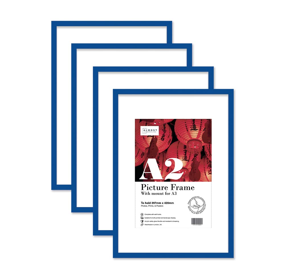 Almost Frameless Blue A2 Picture Frame Set Of 4, Display A3 Pictures With Mount Or A5 Without Mount Gallery Wall, Poster, Photo, Artwork, Or Print,