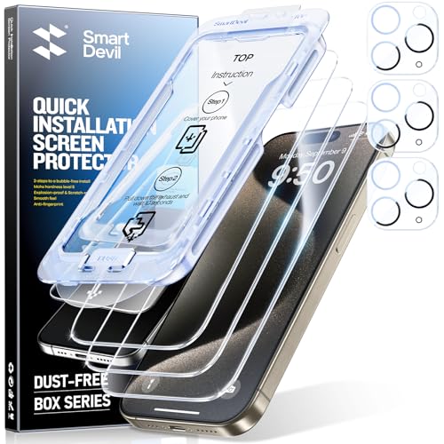 Image of SMARTDEVIL (3+3 Pack HD Clear Screen Protector for iPhone 15 Pro with 3 Camera Lens Protectors, 9H Tempered Glass, Shatter-Resistant, SmartPull Dust & Bubble-Free Install Frame, Case-Friendly