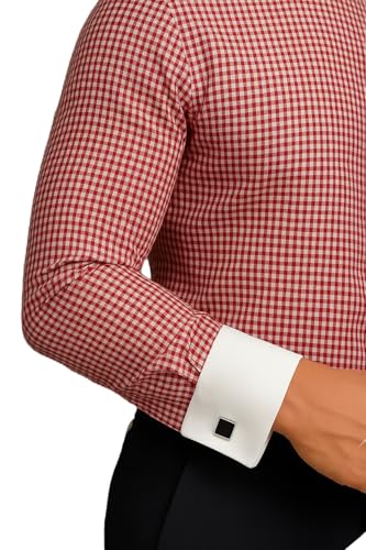 Image of Men's Premium Cotton Formal Dress Shirt - White Collar & French Cuffs with Cufflinks | Solid White, Micro Check & Striped for Office, Wedding