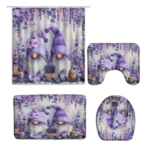 4PCS Purple Floral Gnome Shower Curtain Watercolor Lavender Green Leaves Rustic Wooden Board Farmhouse Spring Nature Plant Bathroom Decor Set with Floor Mat Bath U-Shaped Rugs and Toilet Lid Cover