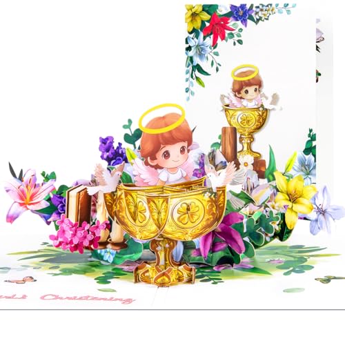 CNLITIHEKA Biglietto di auguri pop up per battesimo, per bambina, con papria, colombe, calice, busta inclusa