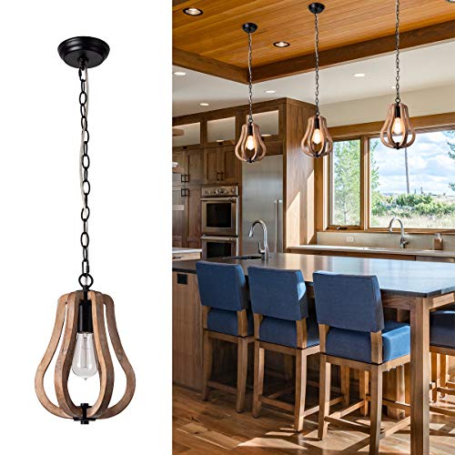 Wood & Metal Chandelier Fixture Antique Pendant Lamp Rustic Farmhouse Iron Wooden Chandelier Pendant Light Retro Ceiling Light Fixture for Kitchen Island 1XE26, UL Listed Wires, Medium1, by YIFI