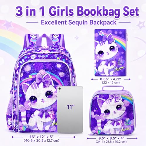 Image of CCJPX 16 inch Cat Backpack for Girls, 3Pcs Kids Preschool Bookbag, Cute Water Sequin Resistant School Bag for Teen Kindergarten Toddler (Purple)
