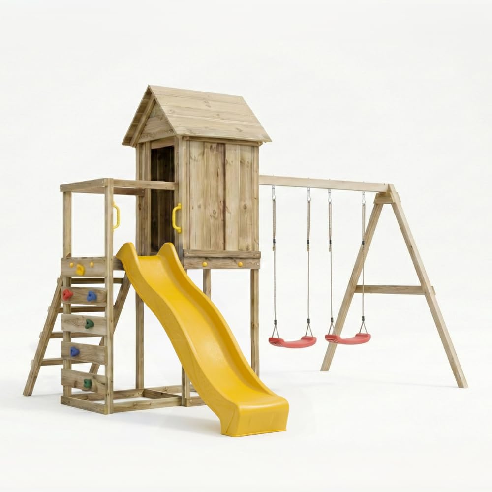Casetta Rialzata in Legno per Bambini Maxplay 5 con Scivolo 2,2 m, Doppia Altalena e Parete Arrampicata – Parco Giochi da Giardino con Torre e Sabbiera, 368x370x262 cm, Legno Impregnato Autoclave